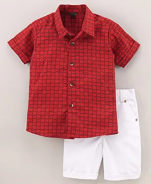 Knotty Kids Half Sleeves Circle Printed Shirts & Shorts Set - Red & White