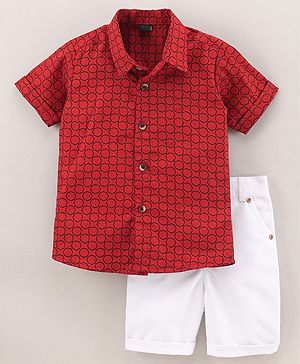 Knotty Kids Half Sleeves Circle Printed Shirts & Shorts Set - Red & White