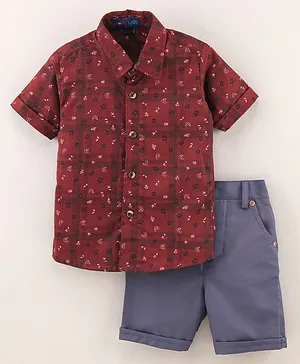 Knotty Kids Half Sleeves Shepherd Checked & Leaf Printed Shirt With Solid Shorts - Maroon & Grey