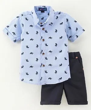 Knotty Kids Half Sleeves Railroad Striped & All Over Dinosaur Printed Shirt With Solid Shorts - Blue