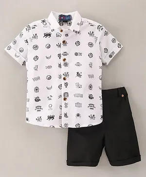 Knotty Kids Half Sleeves  All Over Duck & Dice With Parachute Printed Shirt With Solid Shorts - White & Black