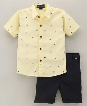 Knotty Kids Half Sleeves Tree Printed Shirt & Solid Shorts Sets - Yellow & Navy Blue