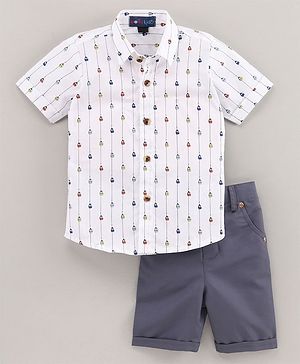 Knotty Kids Half Sleeves Giant Wheel Printed Shirt & Solid Shorts Sets - White & Charcoal Grey
