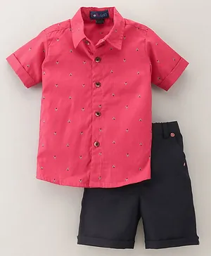 Knotty Kids Half Sleeves Leaf Printed Shirt & Solid Shorts Sets - Pink & Navy Blue