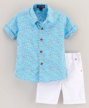 Knotty Kids Half Sleeves Terrazzo Style Confetti Printed Shirt & Solid Shorts Sets - Blue & White