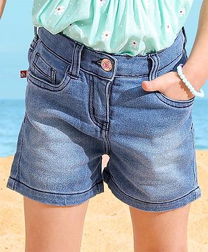 Babyhug Mid Thigh Denim Washed Shorts With Stretch - Medium Blue