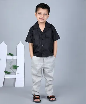 Beyabella Half Sleeves Solid Shirt With Front Pockets & Pants - Black & Grey