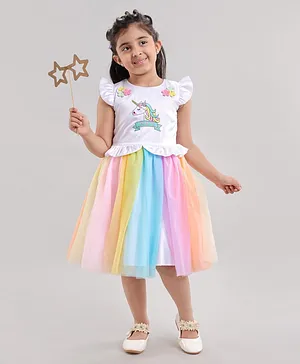 Enfance Short Cap Sleeves Unicorn Patch Detail Party Dress - Multicolor