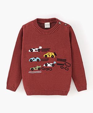 Bonfino Boys 100% Cotton Full Sleeves Sweater With Car Embroidery - Maroon