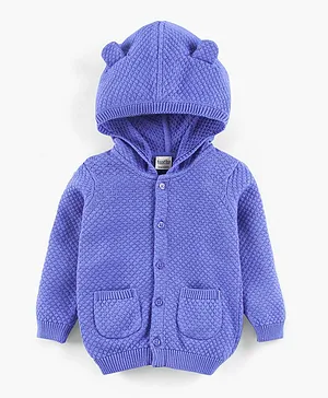 Bonfino Full Sleeves Hooded & Front Open Sweater - Blue