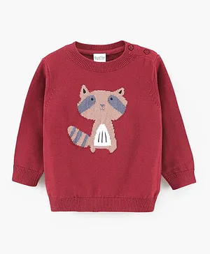 Bonfino Cotton Knit Full Sleeves Sweater Raccoon Print - Red