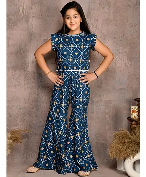 Lilpicks Couture Cap Frill Sleeves Floral Motif Printed Top & Sharara Set - Blue