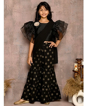 Lilpicks Couture Short Flutter Sleeves Flower Appliqued Top & Floral Printed Sharara With Attached Dupatta - Black