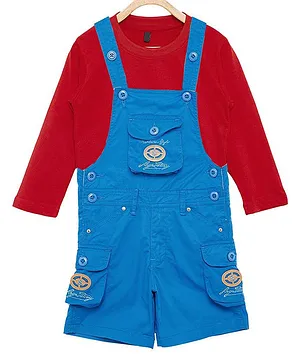 FirstClap Cotton Full Sleeves Solid Tee With Front Pocketed Dungaree - Blue