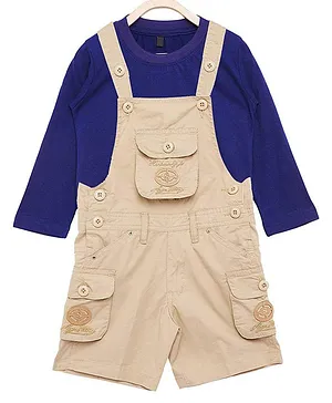 FirstClap Cotton Solid Full Sleeves Tee With Dungaree - Blue Beige