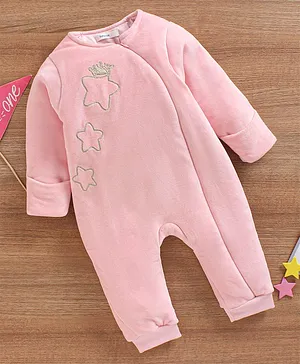 Babyoye Cotton Blend Full Sleeves Winter Wear Romper Star Embroidered - Light Pink
