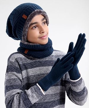 Pine Kids Woollen Cap Headband & Gloves Set Navy Blue - Diameter 14.5 cm