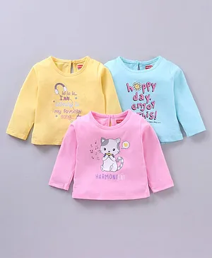 Babyhug Full Sleeves Tees Kitty & Text Print Pack of 3 - Multicolor