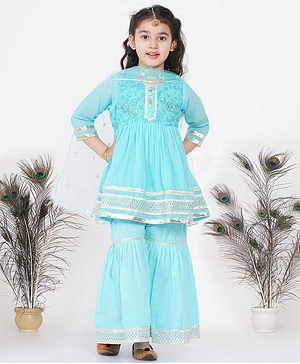 Little Bansi Three Fourth Sleeves Lace & Gota Patti Floral Embroidered Yoke Frill Kurta With Sharara & Sequin Embellished Dupatta - Blue