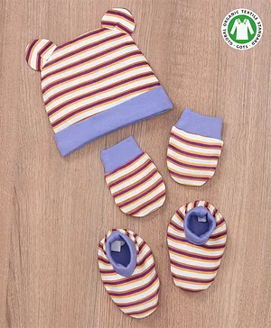 Babyoye Cotton Cap Mitten & Booties Stripes Pattern Purple Brown - Cap Diameter 10.5