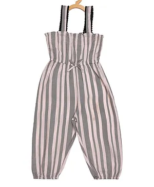 Creative Kids Sleeveless Striped Smocked Jumpsuit - Black & White