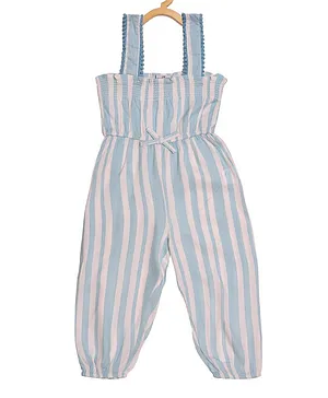 Creative Kids Sleeveless Striped Smocked Jumpsuit - Sky Blue & White