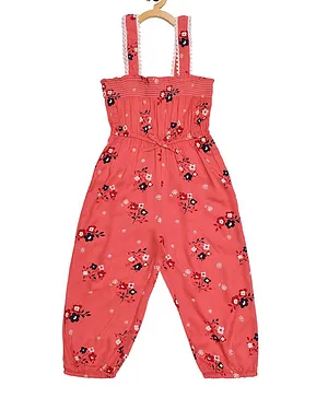 Creative Kids Sleeveless All Over Floral Printed Smocked Jumpsuit - Pink