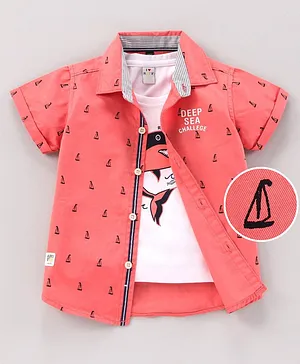 Ruff Half Sleeves Shirt With Inner Tee Boat Print - Pink