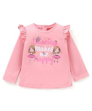 Babyhug Cotton Knit Full Sleeves T-Shirt with Frill Detailing Text Print - Pink