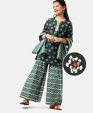 Earthy Touch Cotton Woven Three Fourth Sleeves Kurti & Salwar with Dupatta Set Floral Print - Green