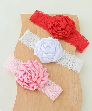 Bonfino Headbands With Lace Detailing & Flower Applique Free Size Pack of 3 - White Red Beige