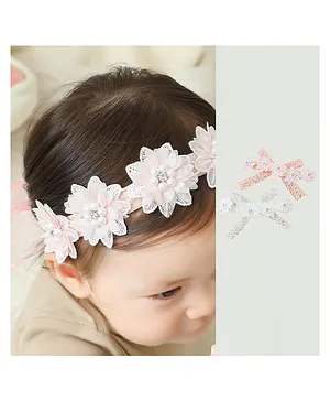 Bonfino Free Size Floral Design with Pearl Studded Headbands Pack of 2 - Pink White