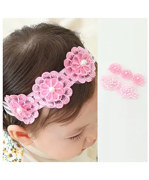 Bonfino Headbands With Pearl Detailing & Flower Applique Free Size Pack of 2 - Pink