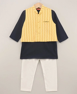 Exclusive From Jaipur Cotton Woven Full Sleeves Kurta & Pyjama With Waistcoat Chevron Print - Yellow White