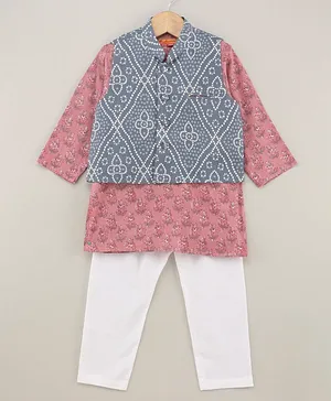 Exclusive From Jaipur Cotton Woven Full Sleeves Kurta & Pyjama With Waistcoat Bandhani Print - Grey