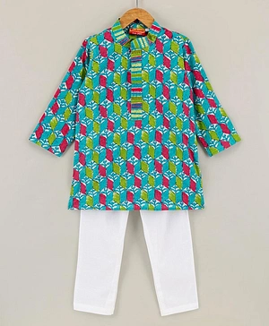 Exclusive From Jaipur Cotton Woven Full Sleeves Kurta & Pyjama Set Geometric Print - Blue