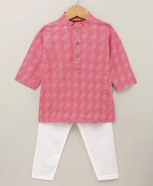Exclusive From Jaipur Cotton Woven Full Sleeves Kurta & Pyjama Alll Over Print - Pink