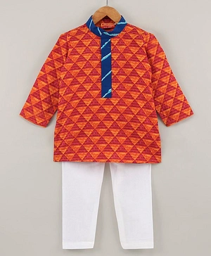 Exclusive From Jaipur Cotton Woven Full Sleeves Kurta & Pyjama Triangle Print - Red Orange
