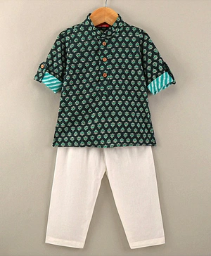 Exclusive From Jaipur Cotton Woven Full Sleeves Kurta & Pyjama Block Print - Navy Blue