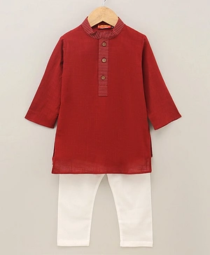 Exclusive From Jaipur Cotton Woven Full Sleeves Solid Kurta & Pyjama Set - Red