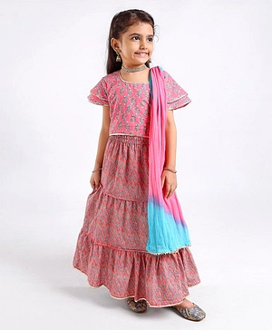 Exclusive from Jaipur Half Sleeves Choli & Full Length Lehenga with Dupatta Floral Print - Peach