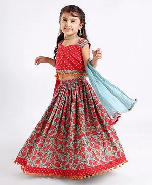Exclusive from Jaipur Sleeveless Choli & Full Length Lehenga with Dupatta Floral Print - Red