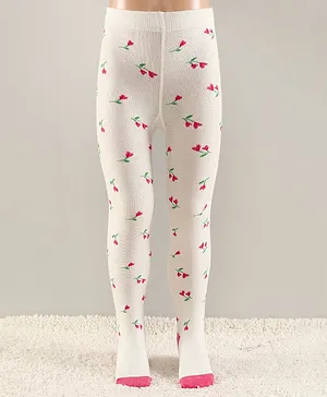 Mustang Footed Cotton Blend Tights Flower Design- Off White