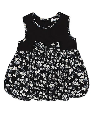 ShopperTree Sleeveless Bow Applique Floral Printed Balloon Flare Dress - Black