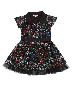 ShopperTree Cap Sleeves All Over Floral Printed Tulle Layered Hem Detailing Collared Dress - Black