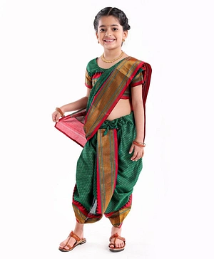 Bhartiya Paridhan Silk Woven Nine Yard Style Saree and Half Sleeves Blouse Set - Green