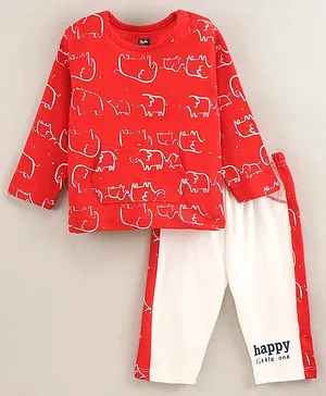 Pepito Full Sleeves T-Shirt & Lounge Pant Elephant Print - Red