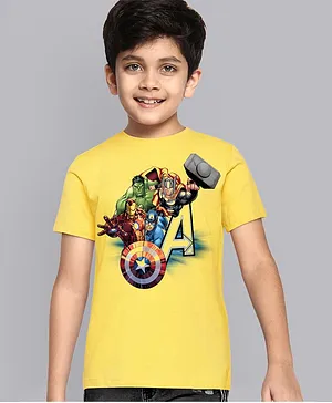 Kidsville Half Sleeves Marvels Avengers Captain America Iron Man The Hulk & Thor Placement Printed Tee  - Yellow