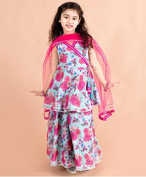 Pspeaches Sleeveless Mirror Lace Trim Embellished All Over Floral Printed Angrakha Style Kurta & Sharara With Tulle Dupatta - Blue & Pink