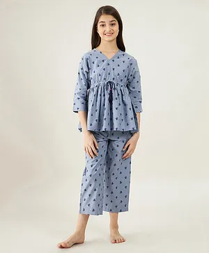 The Kaftan Company Three Fourth Sleeves Cactus Print Top With Pyjama - Grey